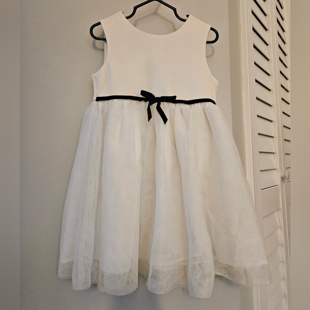 Blueberi Boulevard | Elegant White Kids Dress with A Black Bow